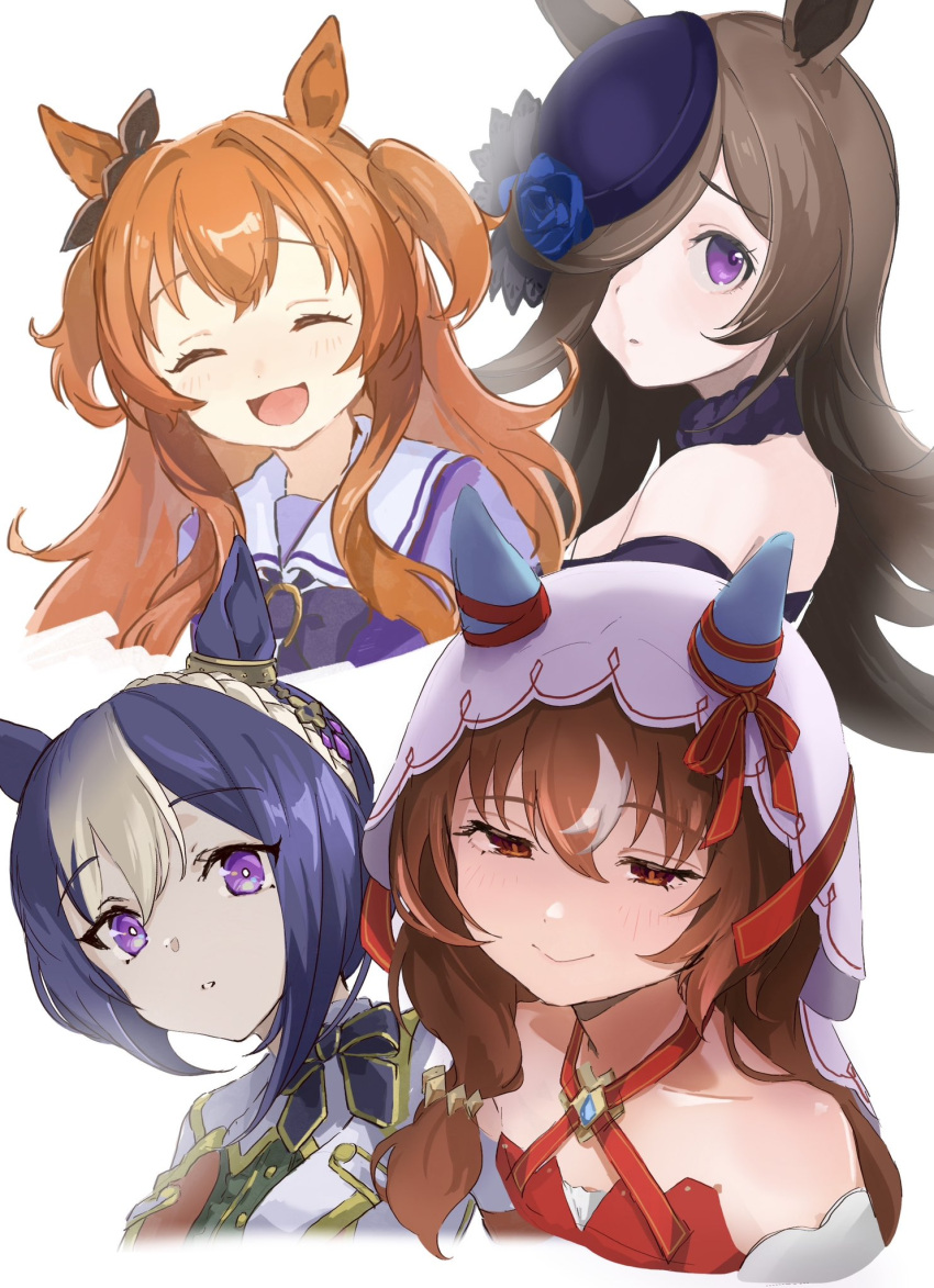 4girls :o animal_ears bare_shoulders blue_flower blue_hair blush bow bowtie braid breasts brown_hair cesario_(umamusume) closed_eyes crown_braid dress ear_bow ear_covers facing_viewer flower fur_choker hair_over_one_eye half-closed_eyes hat hat_flower highres horse_ears jacket long_hair looking_at_viewer mayano_top_gun_(umamusume) moko39_takasora multicolored_hair multiple_girls orange_hair purple_eyes purple_hat purple_shirt raised_eyebrows red_dress red_eyes rice_shower_(umamusume) sailor_collar school_uniform shirt short_hair sleeveless sleeveless_dress small_breasts smile still_in_love_(umamusume) streaked_hair tracen_school_uniform two_side_up umamusume upper_body veil white_background white_jacket