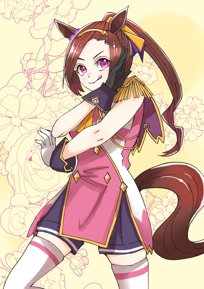 1girl animal_ears ascot asymmetrical_gloves black_gloves brown_hair cowboy_shot dress epaulettes flower_in_eye gloves gold_hairband hairband high_ponytail highres horse_ears horse_girl horse_tail looking_at_viewer mismatched_gloves negi_negi5656 pink_dress sakura_bakushin_o_(umamusume) smile solo symbol_in_eye tail thighhighs tongue tongue_out umamusume white_gloves white_thighhighs yellow_ascot