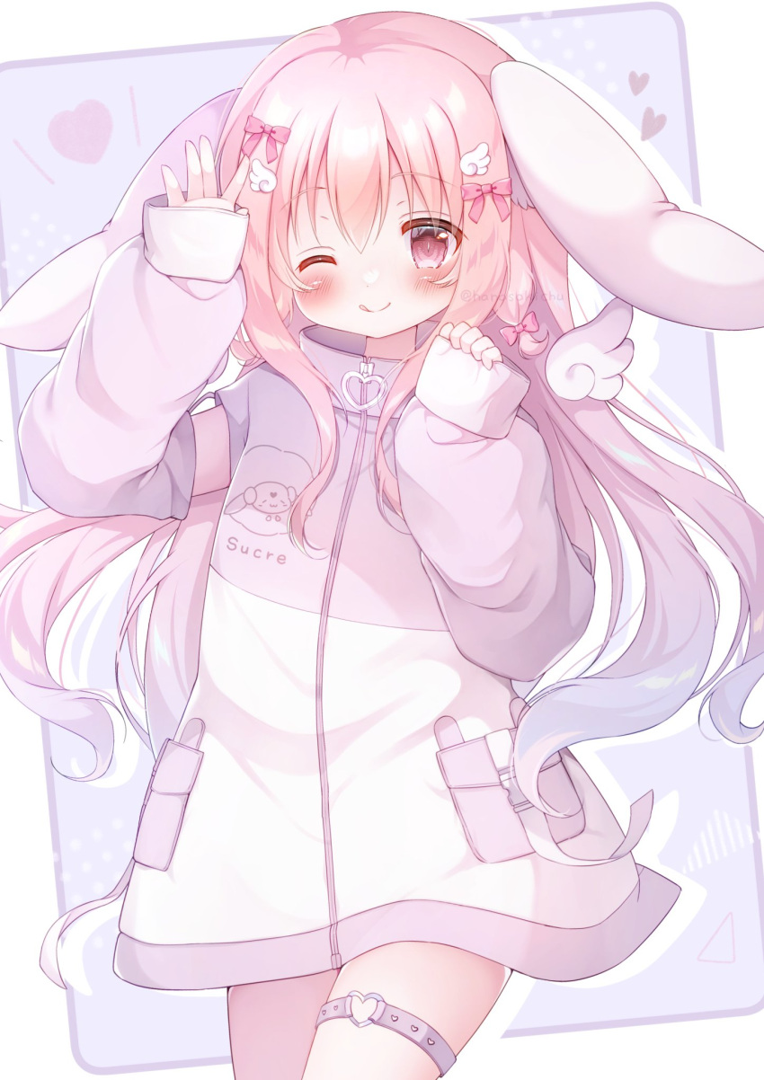 1girl ;p angel_wings animal_ears bow detached_wings hair_bow hanasaki_chiyu hanasakichu highres indie_virtual_youtuber jacket long_hair one_eye_closed pink_eyes pink_hair rabbit_ears sleeves_past_wrists tongue tongue_out track_jacket very_long_sleeves virtual_youtuber wing_hair_ornament wings