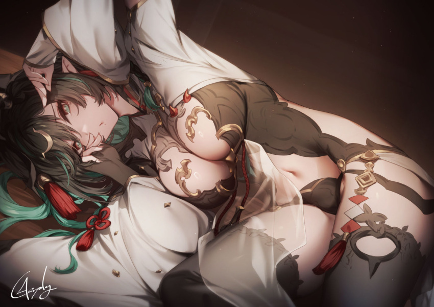 1girl arm_up black_hair black_thighhighs breasts colored_inner_hair draph genyaky granblue_fantasy green_eyes green_hair horns large_breasts long_hair long_sleeves looking_at_viewer lying mole mole_under_mouth multicolored_eyes multicolored_hair navel on_side payila_(granblue_fantasy) pointy_ears signature solo thighhighs thighs two-tone_hair very_long_hair