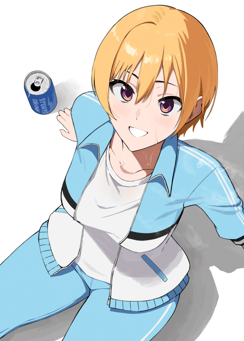 1girl absurdres blonde_hair blush breasts collarbone commentary_request garuku1120 grin highres idolmaster idolmaster_shiny_colors jacket looking_at_viewer medium_breasts pants pocari_sweat saijo_juri shirt short_hair sitting smile solo sweat track_jacket track_pants white_shirt