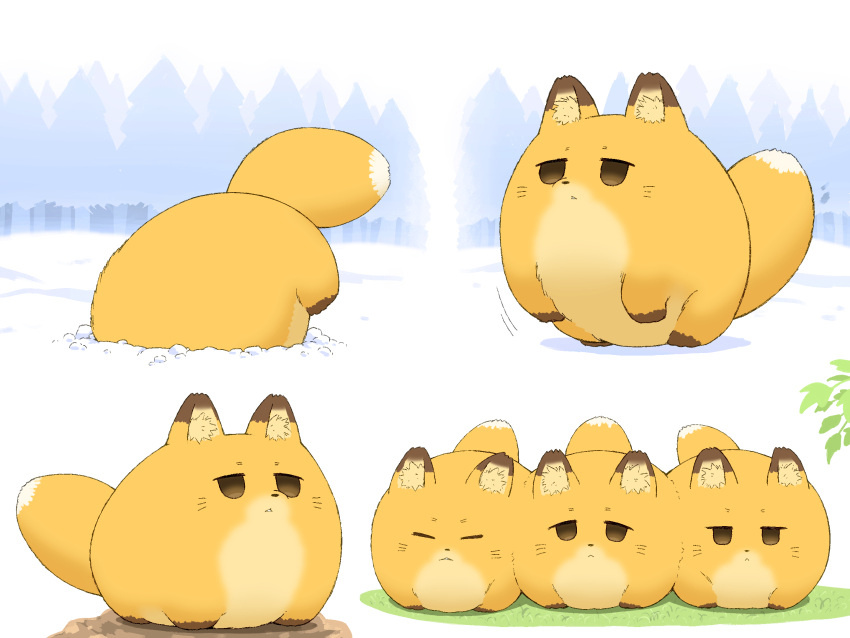 animal_focus chibi commentary_request fluffy forest fox highres nature no_humans open_mouth original pouncing shirosato snow