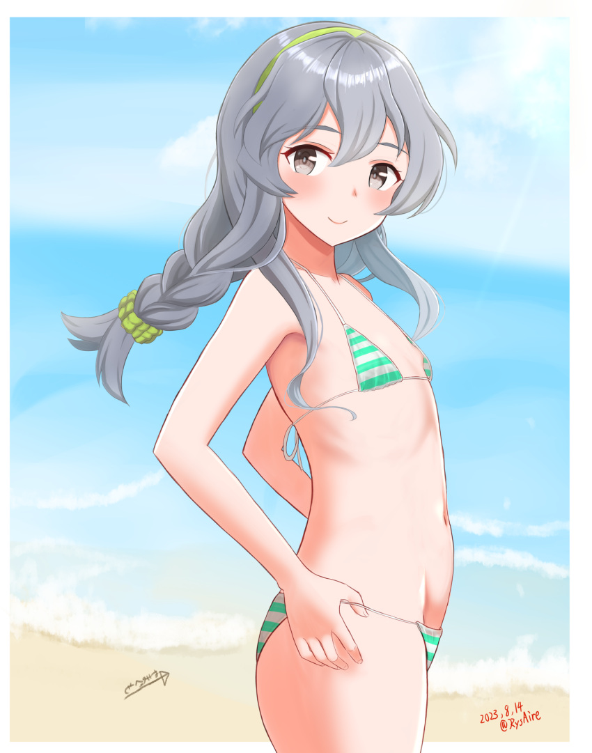 1girl ame-san beach bikini blue_sky braid cloud dated day flat_chest green_bikini grey_eyes grey_hair hairband highres horizon kantai_collection long_hair micro_bikini ocean outdoors single_braid sky smile solo striped_bikini striped_clothes swimsuit twitter_username wavy_hair yamagumo_(kancolle)