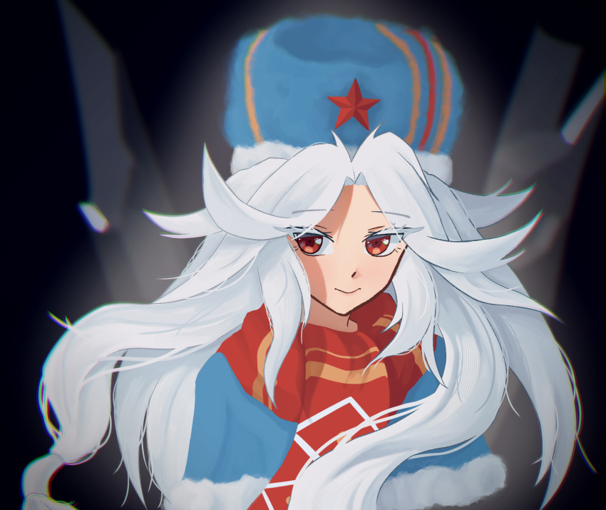 1girl :&gt; dark_background dot_nose english_commentary eyebrows_hidden_by_hair fur_hat girls'_frontline hat highres jjangjinn long_hair makarov_(girls'_frontline) red_eyes red_scarf red_star scarf simple_background smile solo star_(symbol) thick_eyelashes upper_body white_hair