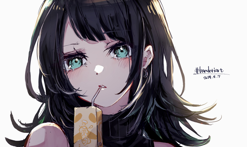1girl bang_dream! bang_dream!_it's_mygo!!!!! black_hair blush carton commentary_request drinking_straw drinking_straw_in_mouth earrings green_eyes highres jewelry looking_at_viewer medium_hair nuruponnu parted_lips portrait solo white_background yahata_umiri