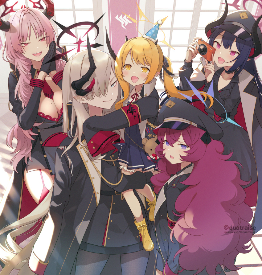 5girls armband black_hair black_horns blonde_hair blue_archive breasts camera chiaki_(blue_archive) cleavage coat gloves grey_hair hair_between_eyes halo hat highres horns ibuki_(blue_archive) iroha_(blue_archive) large_breasts long_hair long_sleeves makoto_(blue_archive) mole mole_on_breast multiple_girls multiple_horns necktie open_mouth party_hat peaked_cap pink_hair pointy_ears purple_eyes quatraise red_eyes red_hair satsuki_(blue_archive) side_ponytail sleeves_past_wrists smile thighhighs very_long_hair yellow_eyes yellow_halo