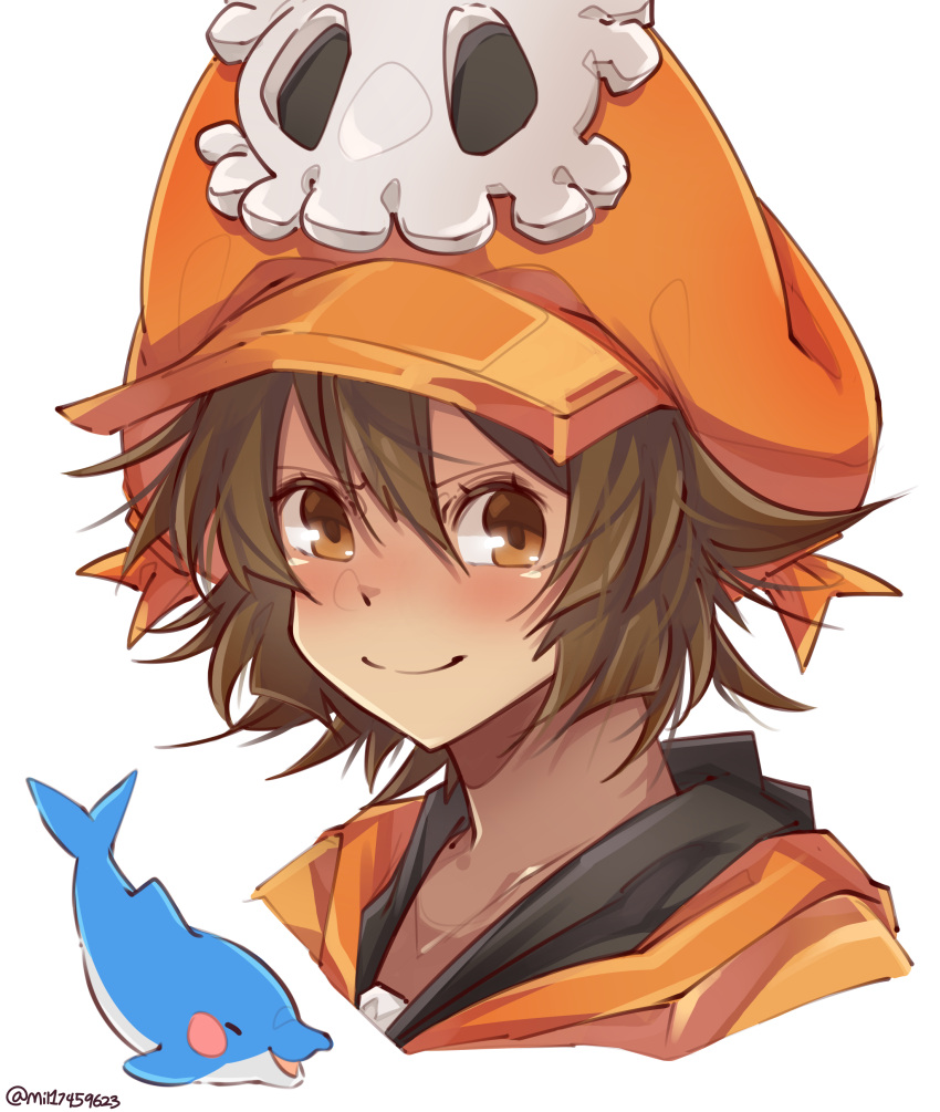 1girl absurdres alternate_hair_length alternate_hairstyle brown_eyes brown_hair cabbie_hat dolphin guilty_gear guilty_gear_strive hat hat_ornament highres hood hoodie looking_at_viewer may_(guilty_gear) mil17459623 mr._dolphin_(guilty_gear) orange_hat orange_hoodie short_hair skull_and_crossbones skull_hat_ornament smile upper_body