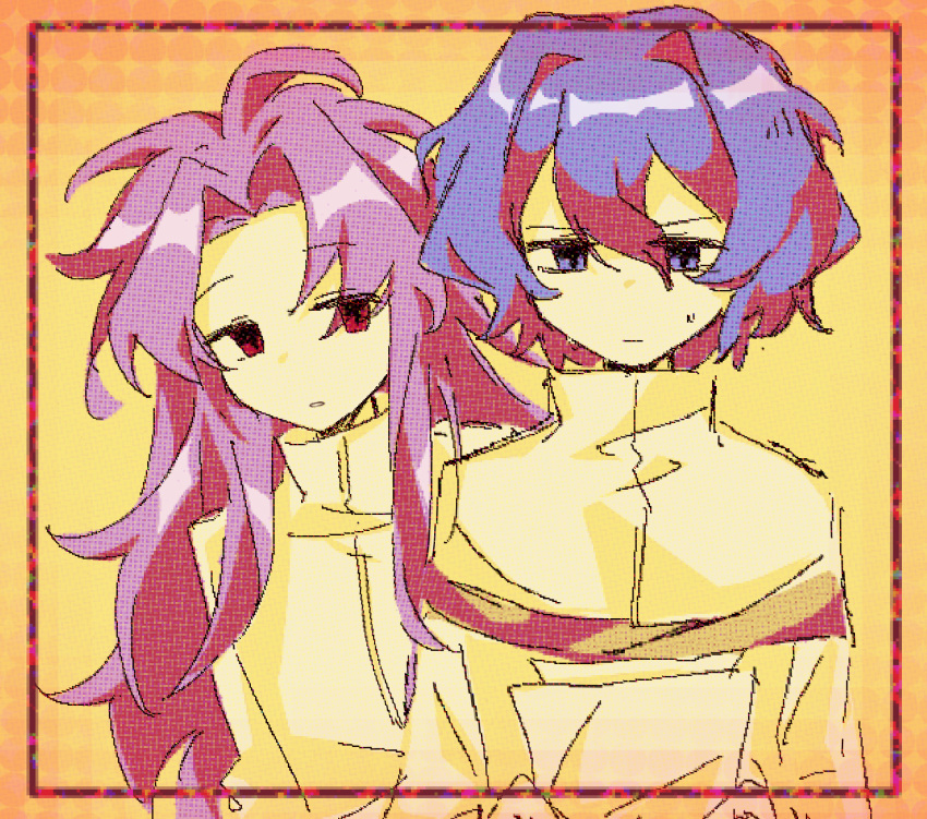 2boys blue_eyes blue_hair capelet chinese_commentary closed_mouth commentary_request hair_between_eyes hair_intakes hatsutori_hajime highres holding holding_paper jiekuijiangshadaonijiamenkou long_hair male_focus multiple_boys paper parted_bangs parted_lips pink_hair red_eyes saibou_shinkyoku shirt short_hair sweat utsugi_noriyuki white_capelet white_shirt