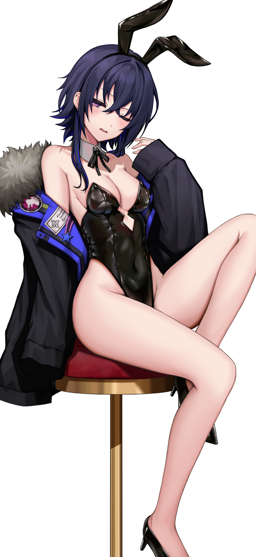 1girl absurdres animal_ears bare_shoulders black_hair black_jacket black_leotard blush breasts covered_navel crossed_bangs detached_collar fake_animal_ears fur-trimmed_jacket fur_collar fur_trim gloves hair_between_eyes high_heels highleg highleg_leotard highres ichinose_uruha jacket knee_up kushinaka leotard long_hair looking_at_viewer lupinus_virtual_games medium_breasts off_shoulder one_eye_closed open_clothes open_jacket open_mouth playboy_bunny purple_eyes rabbit_ears shiny_clothes sitting sleeves_past_wrists solo strapless strapless_leotard thigh_strap thighs virtual_youtuber vspo! white_background white_gloves