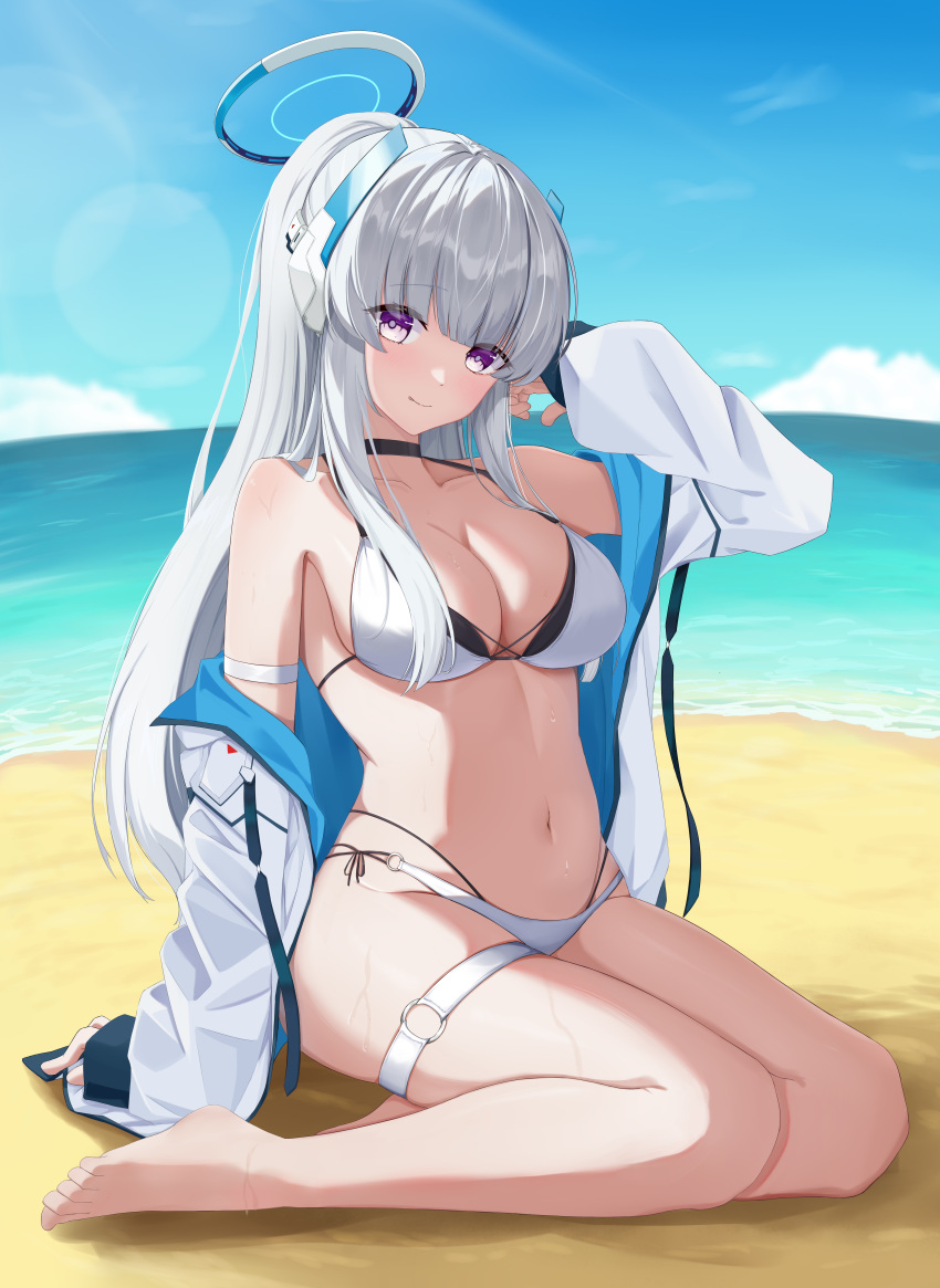 absurdres beach blue_archive blue_necktie breasts grey_hair halo head_tilt headgear headphones highres jacket jacket_partially_removed large_breasts looking_at_viewer necktie noa_(blue_archive) purple_eyes sand sky smile sunlight swimsuit thighs tokiyanagi two-sided_fabric two-sided_jacket white_hair white_halo white_jacket