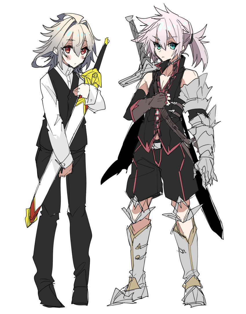 2boys ahoge aqua_eyes armor armored_boots bare_shoulders belt_buckle black_pants black_shorts black_vest blush_stickers boots brown_gloves buckle collarbone dress_shirt fate/apocrypha fate/grand_order fate_(series) fingerless_gloves gauntlets gloves greaves green_eyes grey_hair hair_between_eyes haoro high_collar highres holding holding_sheath holding_sword holding_weapon knee_pads male_focus medium_hair multiple_boys no_nose pants pectoral_cleavage pectorals ponytail red_eyes scabbard sheath sheathed shirt short_hair shorts sieg_(fate) siegfried_(fate) simple_background single_gauntlet single_glove single_hair_ring spiked_hair sword sword_on_back vest weapon weapon_on_back white_background white_shirt