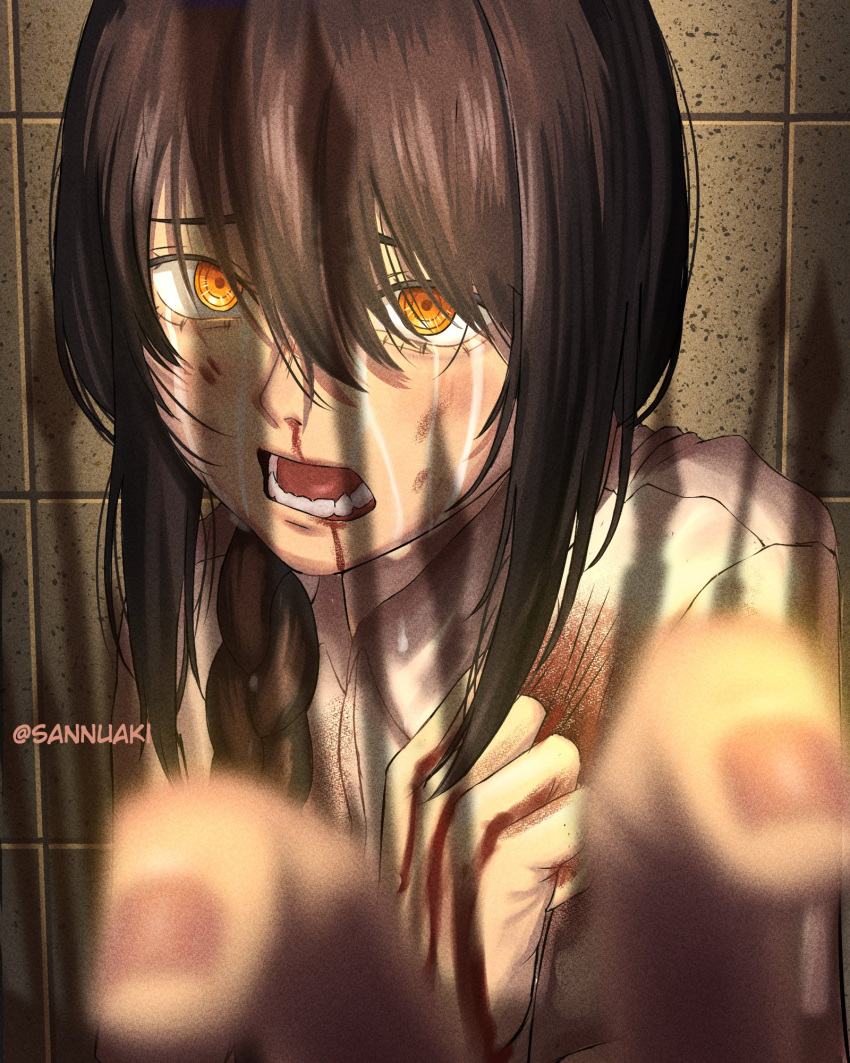 1girl black_hair blood chainsaw_man crying crying_with_eyes_open english_commentary frown hair_between_eyes highres long_hair nayuta_(chainsaw_man) nosebleed open_mouth orange_eyes sannuaki scratching shirt sidelocks solo tears teeth tongue white_shirt