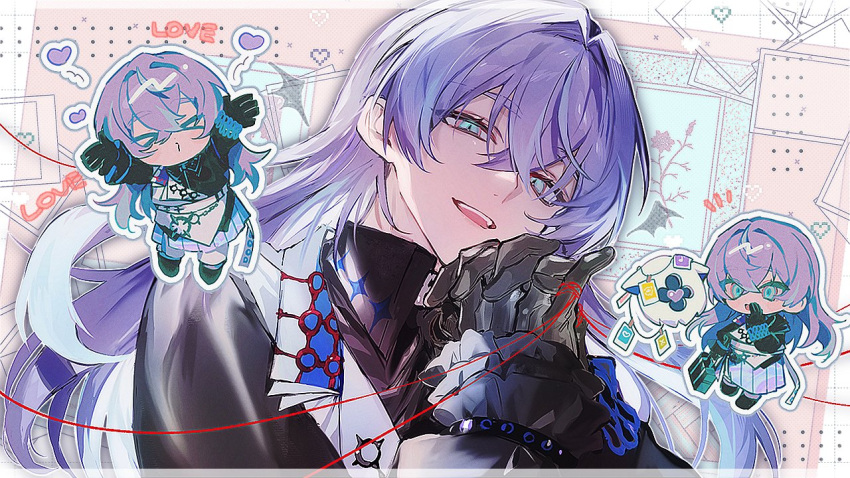 0x3nr 1boy aqua_eyes black_gloves black_shirt chibi crossed_bangs gloves hands_on_own_chin head_rest head_tilt hoshirube_sho long_hair looking_at_viewer male_focus nijisanji own_hands_together parted_lips portrait purple_hair shirt smile solo sticker teeth upper_teeth_only virtual_youtuber