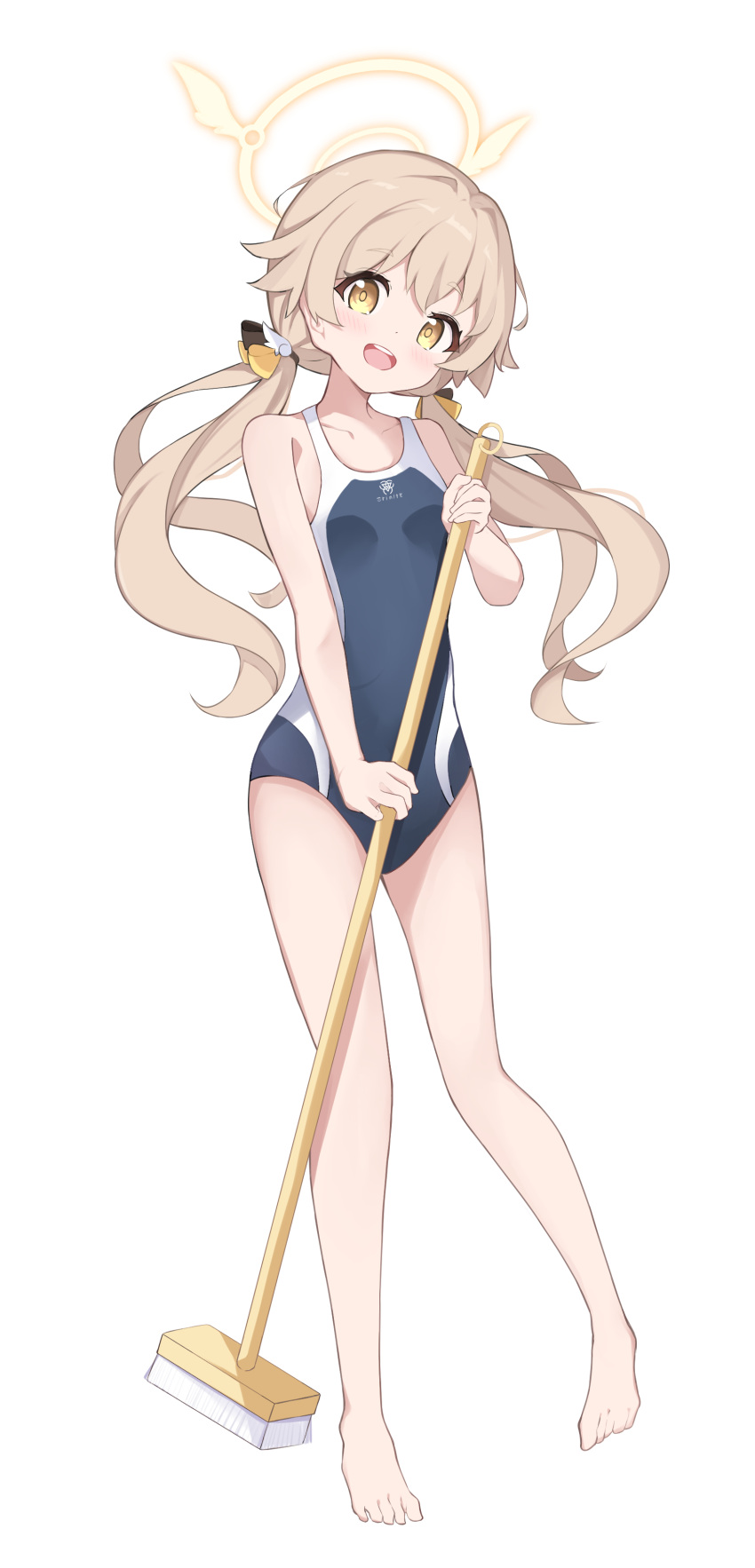 1girl absurdres bare_arms bare_legs bare_shoulders barefoot blue_archive blue_one-piece_swimsuit broom commentary_request full_body hair_ornament halo hifumi_(blue_archive) highres light_brown_hair long_hair looking_at_viewer low_twintails one-piece_swimsuit open_mouth school_swimsuit solo swimsuit twintails white_background yellow_eyes yoi0341