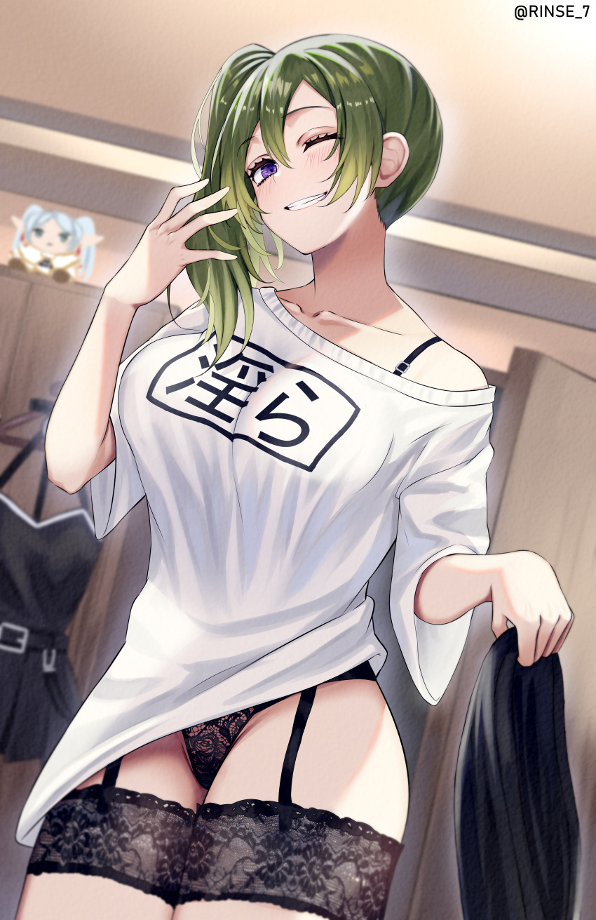 1girl ;) absurdres alternate_costume black_dress black_garter_straps black_panties black_thighhighs blurry blurry_background breasts character_doll clothes_hanger collarbone dress english_commentary frieren garter_straps green_hair hair_between_eyes highres holding indoors large_breasts long_hair looking_at_viewer off_shoulder one_eye_closed oversized_clothes oversized_shirt panties parted_lips purple_eyes rinse_7 shirt short_sleeves side_ponytail smile solo sousou_no_frieren thighhighs twitter_username ubel_(sousou_no_frieren) underwear white_shirt
