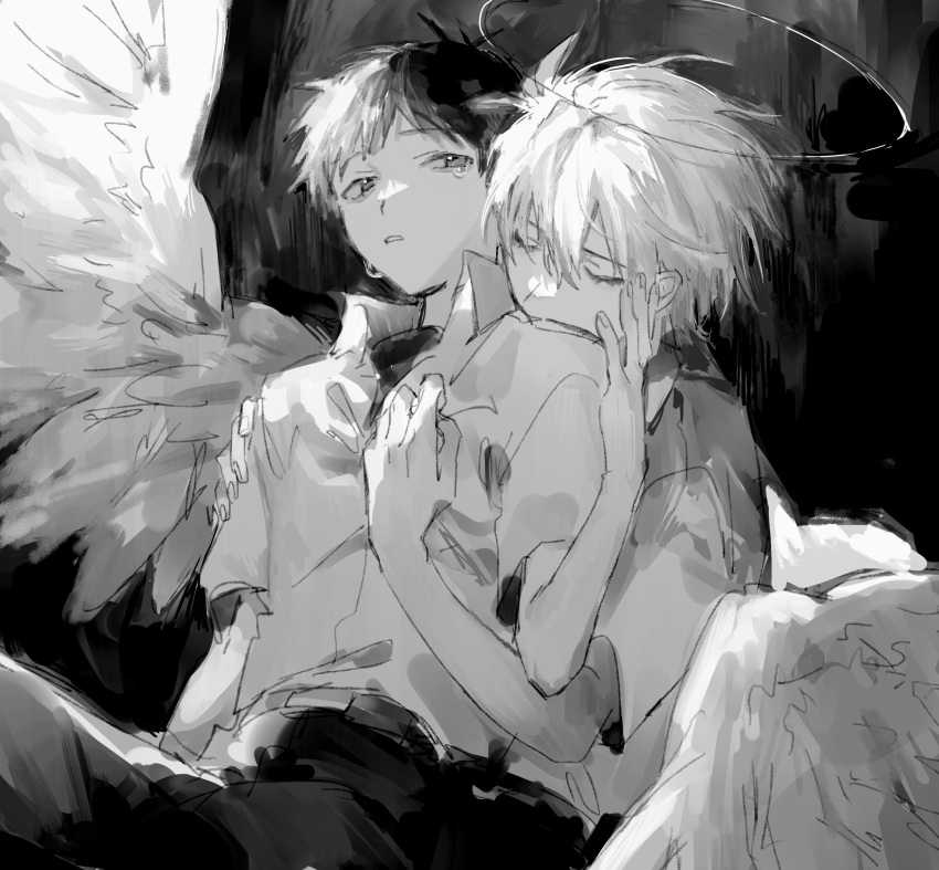 2boys absurdres angel angel_wings black_background black_pants closed_eyes greyscale halo hand_on_another's_chest highres holding ikari_shinji kissing_shoulder male_focus mogutofuoes monochrome multiple_boys nagisa_kaworu neon_genesis_evangelion pants rebuild_of_evangelion shirt short_hair simple_background sitting sitting_on_person teardrop tears white_shirt white_wings wings yaoi