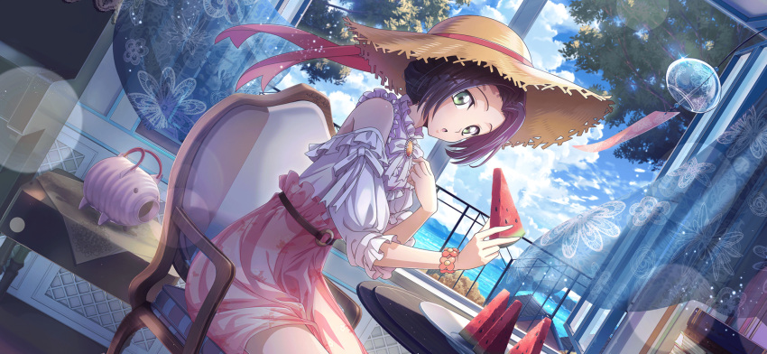 1girl artist_request bare_shoulders belt blue_sky blurry bokeh book brooch clothing_cutout cloud code_geass code_geass:_lost_stories curtains day depth_of_field dutch_angle earrings floral_print_skirt food frilled_shirt frills from_side fruit game_cg green_eyes hands_up hat hat_ribbon high-waist_skirt highres holding holding_food holding_fruit indoors jewelry kayari_buta light_particles long_sleeves looking_at_viewer non-web_source o-ring o-ring_belt official_art on_chair open_mouth open_window orange_gemstone pink_skirt plate purple_hair railing red_ribbon ribbon shirt shirt_tucked_in short_hair shoulder_cutout sidelocks sitting skirt sky solo straw_hat sumeragi_kaguya table watermelon watermelon_slice white_shirt wind_chime window wristband yellow_hat