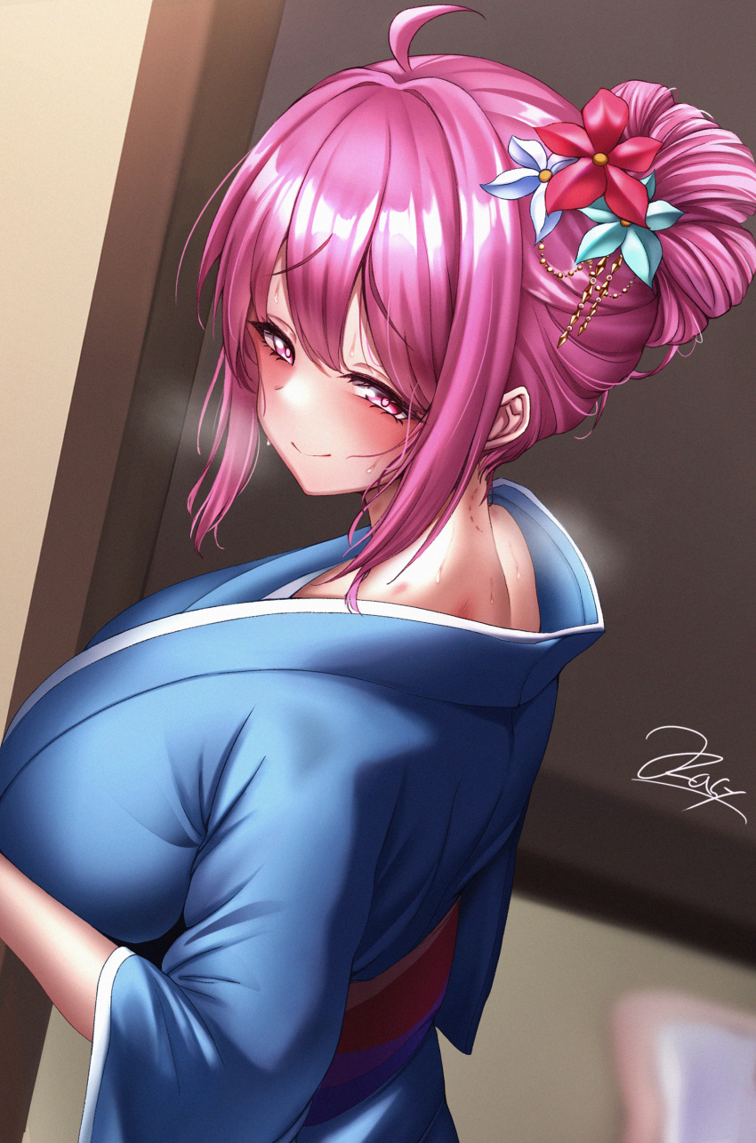 1girl absurdres ahoge blurry blurry_background blush breasts breath commentary_request doorway dutch_angle flower futon hair_flower hair_ornament hickey highres huge_breasts indoors japanese_clothes kimono lipstick_mark looking_at_viewer looking_back nape pink_eyes pink_hair rasis sidelocks signature smile solo sound_voltex steam sweat upper_body urarasy yukata