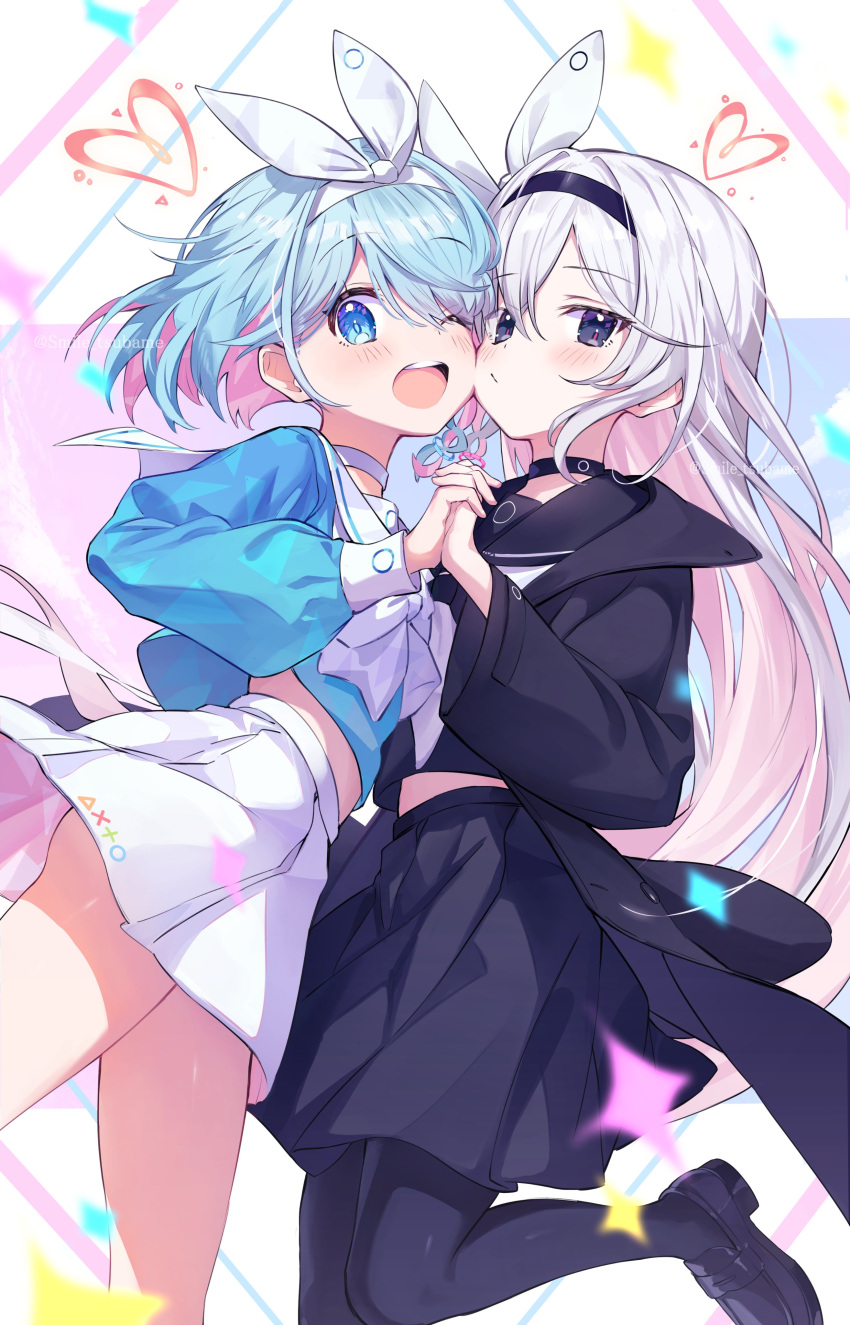 2girls ;d absurdres arona_(blue_archive) artist_name black_choker black_coat black_eyes black_footwear black_hairband black_pantyhose black_sailor_collar black_serafuku black_shirt black_skirt blue_archive blue_background blue_eyes blue_hair blue_shirt blush bow bowtie braid cheek-to-cheek choker closed_mouth coat colored_inner_hair commentary_request floating_hair hair_between_eyes hair_intakes hair_ribbon hairband hand_up heads_together heart highres holding_hands interlocked_fingers leg_up long_hair long_sleeves looking_at_viewer looking_to_the_side multicolored_background multicolored_hair multiple_girls neckerchief off_shoulder one_eye_closed open_clothes open_coat open_mouth pantyhose pink_background pink_hair plana_(blue_archive) pleated_skirt red_pupils ribbon sailor_collar school_uniform serafuku shirt shoes short_hair side_braid sidelocks simple_background single_braid skirt smile sparkle teeth tsubameno twitter_username two-tone_hair upper_teeth_only very_long_hair white_background white_bow white_bowtie white_choker white_hair white_hairband white_neckerchief white_ribbon white_sailor_collar white_skirt