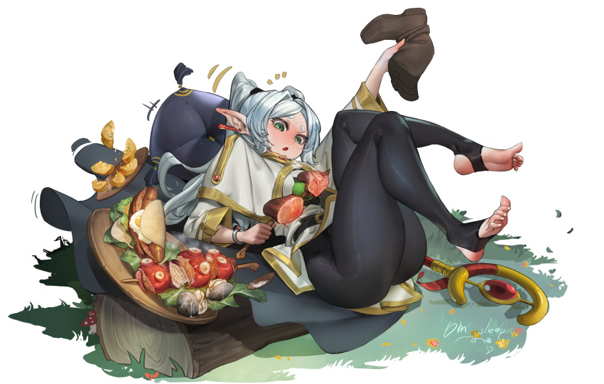 1girl absurdres blush boots commentary_request dm-sheep earrings eyelashes feet food frieren from_side full_body green_eyes grey_hair highres holding holding_food holding_shoe holding_skewer jewelry legs legs_up log long_hair looking_at_viewer meat pointy_ears robe shiny_skin sitting skewer solo sousou_no_frieren staff stirrup_legwear thighs toeless_legwear toes twintails white_robe