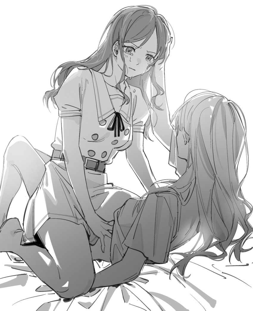2girls absurdres artist_request bang_dream! bang_dream!_it's_mygo!!!!! barefoot belt blush chihaya_anon commentary_request commission crying dress greyscale hand_on_another's_head hand_on_another's_stomach highres kneeling long_hair looking_at_another monochrome multiple_girls nagasaki_soyo parted_lips school_uniform second-party_source short_sleeves straddling tears toyota_hiace tsukinomori_school_uniform yuri