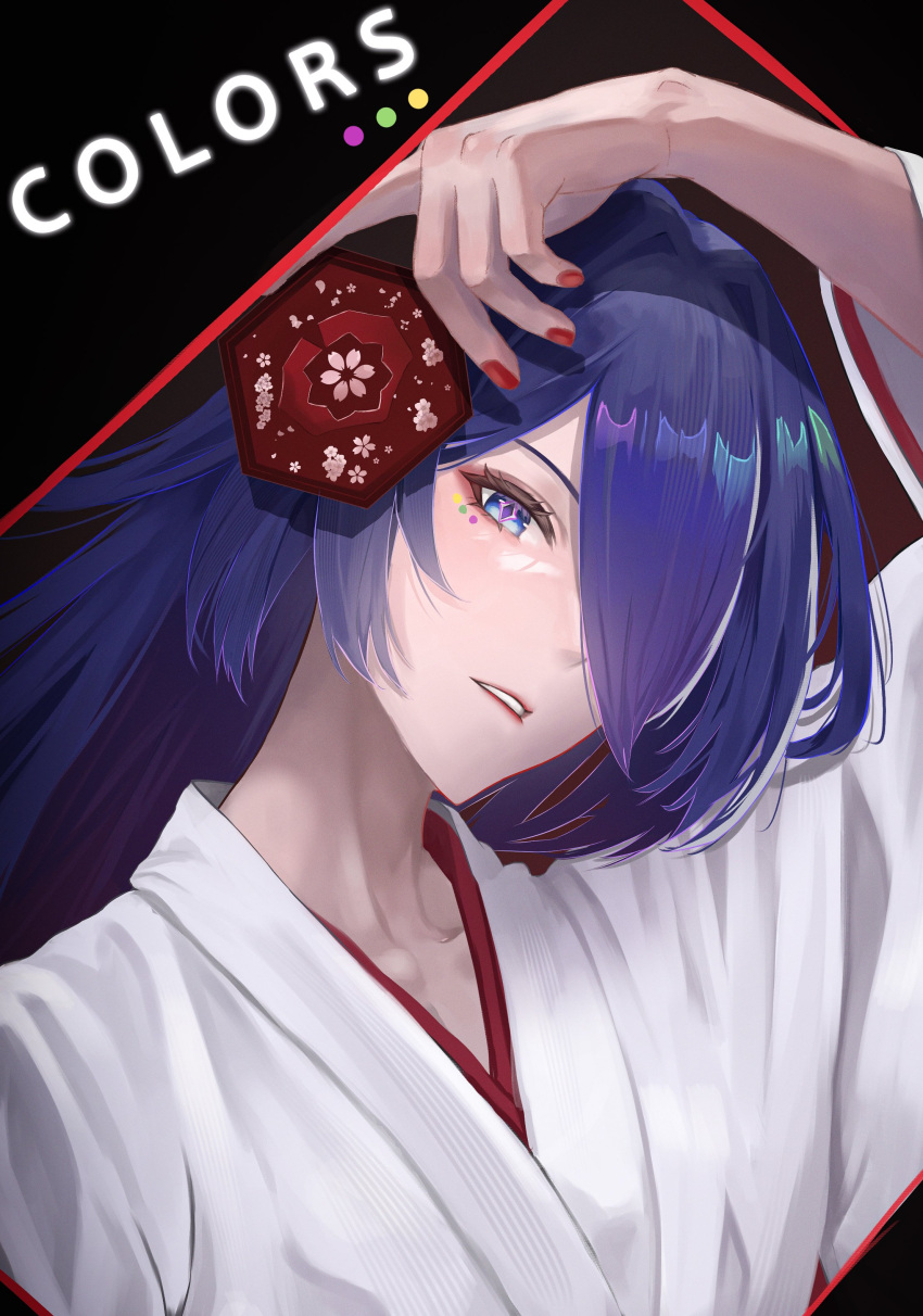 absurdres acheron_(honkai:_star_rail) cherry_blossoms furiasu hair_ornament hair_over_one_eye head_tilt highres honkai:_star_rail honkai_(series) lipstick logo long_sleeves looking_at_viewer makeup nail_polish parted_lips purple_eyes purple_hair robe upper_body white_robe