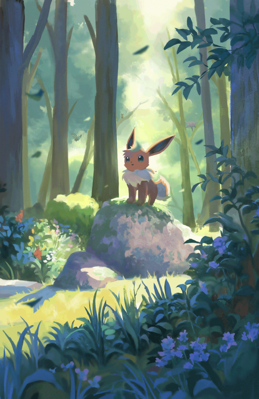 commentary eevee falling_leaves flower grass highres leaf moss motion_blur nature no_humans pokemon pokemon_(creature) renl0l rock solo standing tree