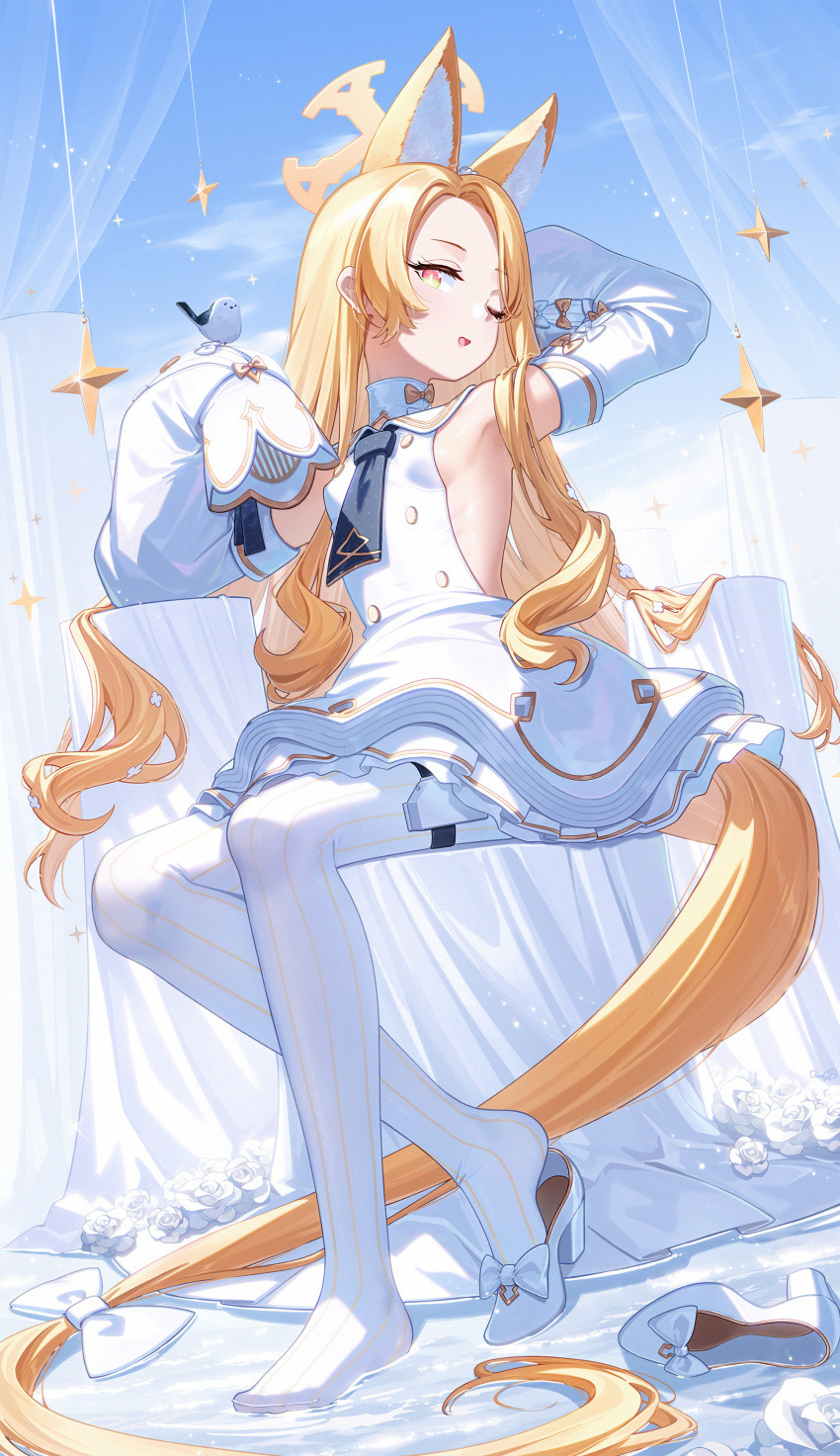 1girl absurdly_long_hair absurdres animal_ear_fluff animal_ears arm_behind_head arm_up armpits bird bird_on_hand blonde_hair blue_archive blush breasts commentary dango_remi detached_sleeves dress flower fox_ears full_body hair_flower hair_ornament halo hand_up highres long_hair looking_at_viewer one_eye_closed open_mouth pantyhose seia_(blue_archive) shoes sideboob single_shoe sitting sleeve_bow sleeveless sleeveless_dress sleeves_past_fingers sleeves_past_wrists small_breasts solo striped_clothes striped_pantyhose unworn_shoes vertical-striped_clothes vertical-striped_pantyhose very_long_hair white_dress white_pantyhose yellow_eyes yellow_halo