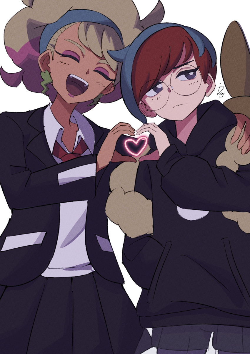 2girls backpack bag blonde_hair blue_hair blush closed_mouth collared_shirt dark-skinned_female dark_skin earrings eyelashes glasses grey_eyes hairband heart heart_hands highres hood hoodie ida_(idalol490) jacket jewelry long_sleeves multicolored_hair multiple_girls open_mouth penny_(pokemon) peonia_(pokemon) pleated_skirt pokemon pokemon_sv pokemon_swsh red_hair round_eyewear shirt short_hair shorts siblings sisters skirt smile two-tone_hair white_shirt