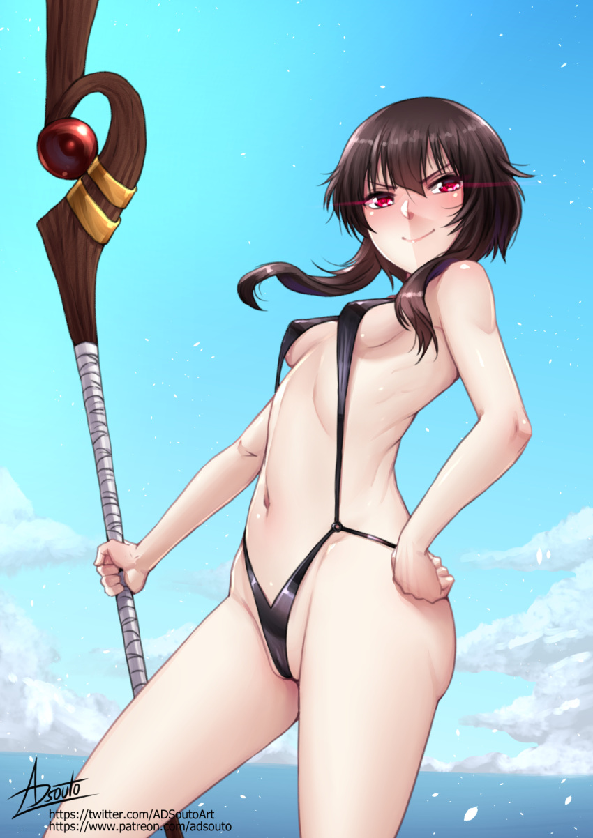 1girl adsouto blush breasts brown_hair glowing glowing_eyes hand_on_own_hip highres holding holding_staff kono_subarashii_sekai_ni_shukufuku_wo! looking_at_viewer megumin navel one-piece_swimsuit red_eyes short_hair_with_long_locks signature small_breasts smile solo staff swimsuit variant_set