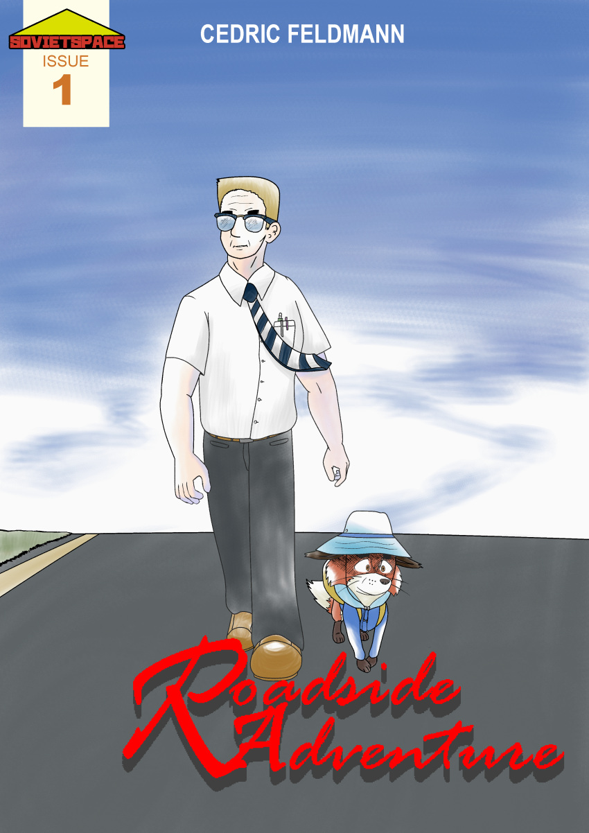 2020 4_toes 5_fingers absurd_res biped bottomwear cedric_feldmann clothed clothing cloud comic cover cover_art cover_page day duo english_text eyewear feet feral fingers footwear glasses grass hair hat headgear headwear hi_res human male mammal mouth_closed necktie pants pen plant quadruped road shirt shoes sky snout standing text toes topwear