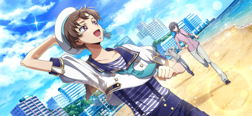 3boys adjusting_clothes adjusting_headwear aqua_necktie arm_up artist_request beach beret black_necktie blue_pants blue_sailor_collar blue_shirt blue_sky brown_hair buttons city clenched_hand cloud code_geass code_geass:_lost_stories collarbone crop_top day double-breasted dutch_angle game_cg gold_trim hand_up happy hat highres lelouch_vi_britannia lens_flare looking_back male_focus multiple_boys necktie non-web_source ocean official_art open_mouth outdoors pants pocket purple_eyes purple_shirt rivalz_cardemonde rolo_lamperouge running sailor_collar sand shirt shirt_tucked_in short_hair short_sleeves sidelocks sky smile solo_focus sparkle striped_clothes striped_shirt suspenders upper_body white_hat white_shirt