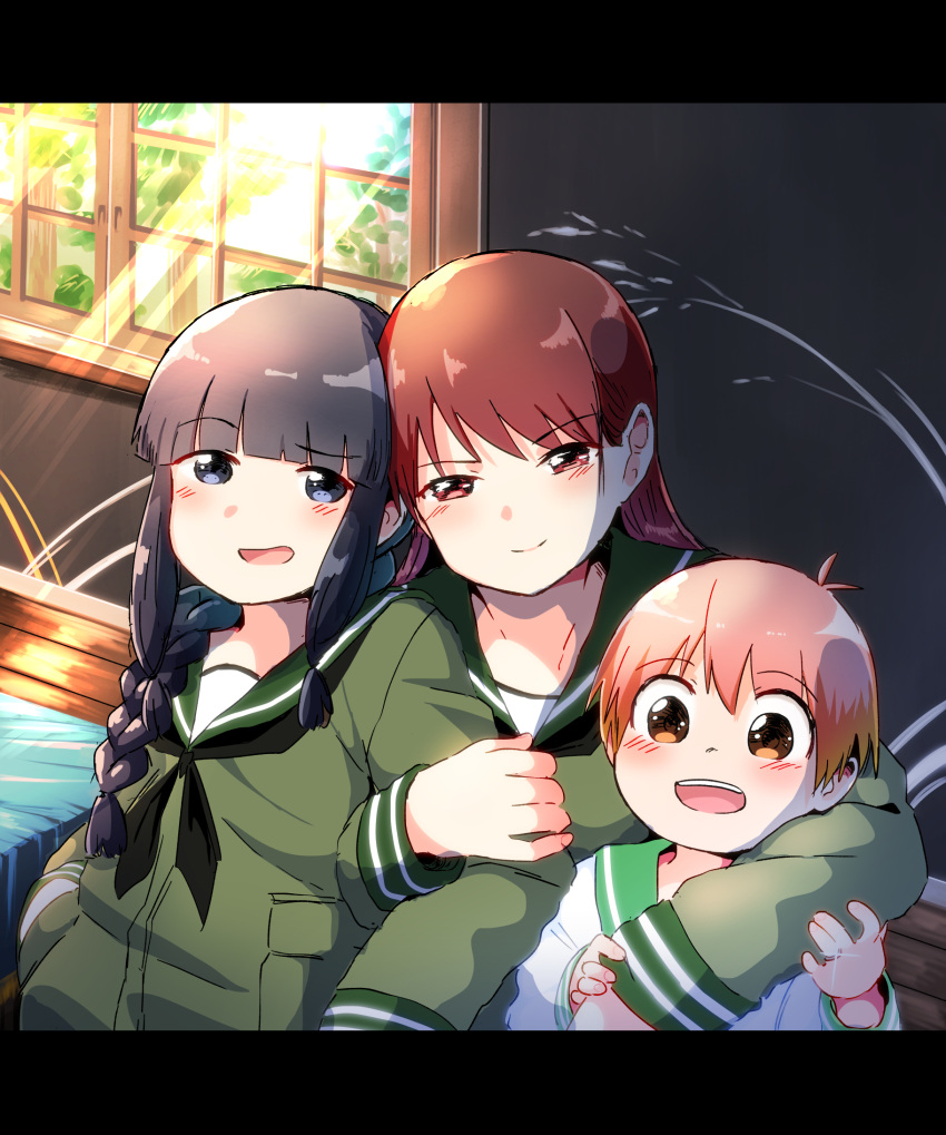 1boy 2girls admiral_(kancolle) black_hair black_neckerchief blunt_bangs braid brown_eyes brown_hair green_sailor_collar green_serafuku green_shirt hair_over_shoulder highres kantai_collection kitakami_(kancolle) kitakami_kai_(kancolle) letterboxed little_boy_admiral_(kancolle) long_hair long_sleeves mochisaka_mitsuki multiple_girls neckerchief ooi_(kancolle) ooi_kai_(kancolle) sailor_collar sailor_shirt school_uniform serafuku shirt sidelocks single_braid smile upper_body window