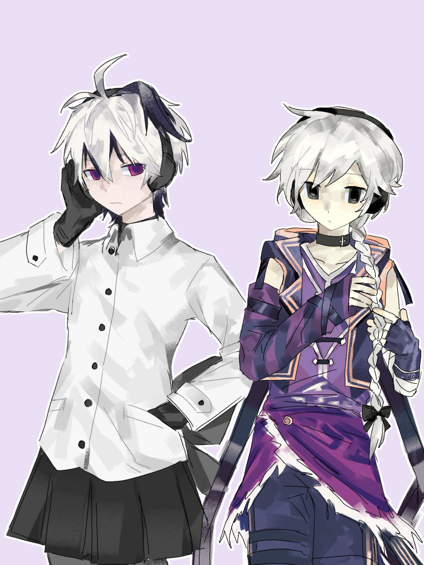 2girls androgynous arm_warmers black_bow black_choker black_eyes black_gloves black_hair black_skirt blue_pants bow braid braided_ponytail choker closed_mouth coat collared_coat cosplay costume_switch cowboy_shot expressionless fingerless_gloves flower_(vocaloid) flower_(vocaloid4) flower_(vocaloid4)_(cosplay) gloves hair_bow hair_over_shoulder hand_in_pocket hand_on_headphones hand_up headphones highres light_blush long_sleeves looking_at_viewer multicolored_hair multiple_girls open_clothes open_vest pants playing_with_own_hair pleated_skirt purple_background purple_eyes purple_shirt purple_vest sekka_yufu sekka_yufu_(cosplay) shirt single_arm_warmer single_fingerless_glove skirt sleeveless sleeveless_shirt standing streaked_hair utau vest vocaloid white_coat white_hair yo-san_(buzhidaoqishanicheng60804)