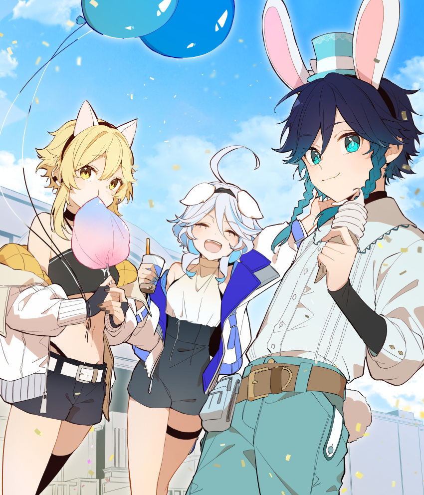 2girls absurdres aiwo_o_lite animal_ears balloon black_gloves black_hair black_shirt black_shorts blonde_hair blue_hair braid cat_ears closed_eyes closed_mouth cotton_candy crop_top dog_ears eating fake_animal_ears fake_tail food furina_(genshin_impact) genshin_impact gloves green_pants hair_between_eyes hair_ornament hairband hat highres ice_cream jacket long_hair looking_at_viewer lumine_(genshin_impact) midriff multicolored_hair multiple_girls open_mouth pants photoshop_(medium) rabbit_ears rabbit_tail shirt short_hair shorts smile stomach tail top_hat twin_braids venti_(genshin_impact) white_hair white_jacket yellow_eyes