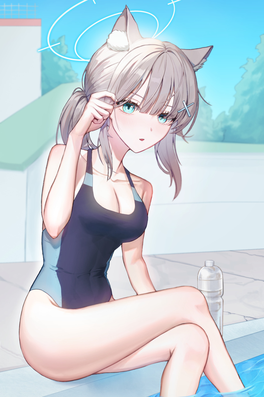 1girl absurdres animal_ear_fluff animal_ears black_one-piece_swimsuit blue_archive blue_eyes bottle breasts competition_swimsuit covered_navel cross_hair_ornament extra_ears grey_hair hair_ornament halo highres low_ponytail medium_breasts medium_hair mismatched_pupils multicolored_clothes multicolored_swimsuit official_alternate_costume one-piece_swimsuit seio_b23 shiroko_(blue_archive) shiroko_(swimsuit)_(blue_archive) soaking_feet solo swimsuit wolf_ears