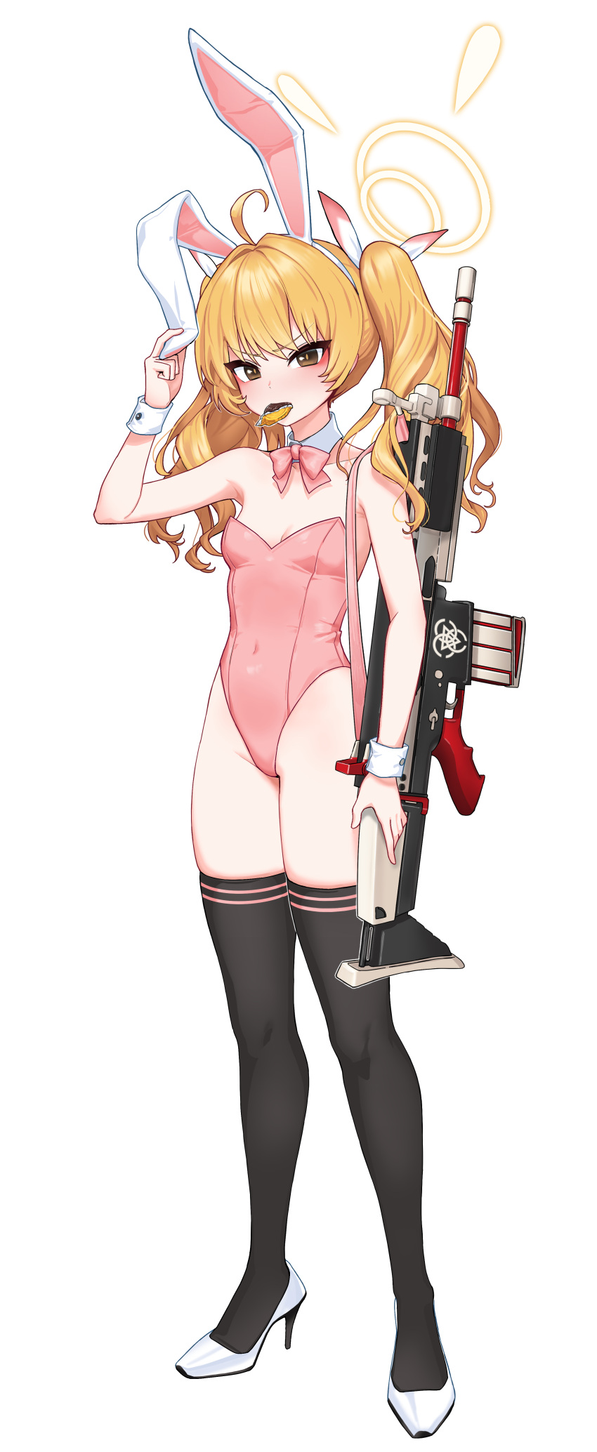 1girl absurdres ahoge alternate_costume animal_ears assault_rifle bare_shoulders blonde_hair blue_archive blush bow bowtie breasts brown_eyes cain_(gunnermul) candy chocolate_coin closed_mouth covered_navel detached_collar fake_animal_ears fn_scar fn_scar_17 food full_body gun hair_ribbon hairband halo high_heels highleg highleg_leotard highres leotard long_hair looking_at_viewer mouth_hold playboy_bunny rabbit_ears ribbon rifle simple_background small_breasts solo standing strapless strapless_leotard tail thighhighs transparent_background twintails weapon wrist_cuffs yoshimi_(blue_archive)