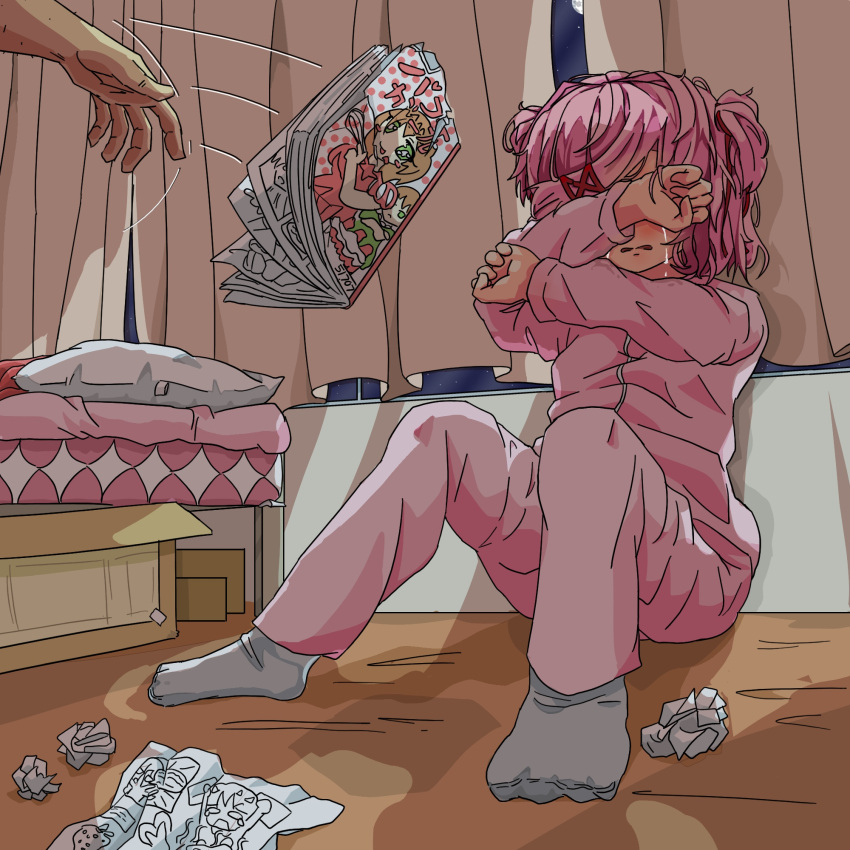 1boy 1girl 51707 abuse bad_id bed bedroom blocking blush bob_cut breasts clenched_hands covering_face covering_own_eyes crumpled_paper crying curtains doki_doki_literature_club father_and_daughter foreshortening full_moon grey_socks hair_ornament hair_ribbon highres knees_up long_sleeves manga_(object) moon motion_lines natsuki_(doki_doki_literature_club) night night_sky on_floor pajamas pants paper parted_lips pillow pink_hair pink_pajamas pink_pants pink_shirt pov pov_hands red_ribbon ribbon sad shirt short_hair sitting sky small_breasts socks solo_focus star_(sky) streaming_tears swept_bangs tears textless_version throwing torn two_side_up unhappy window wooden_floor x_hair_ornament