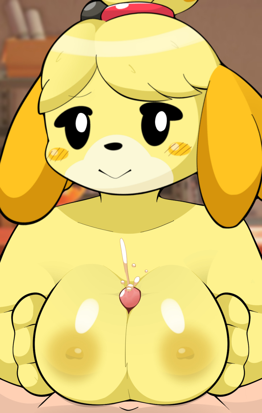 animal_crossing breast_play breasts duo female hi_res isabelle_(animal_crossing) male male/female nintendo sateco sex titfuck