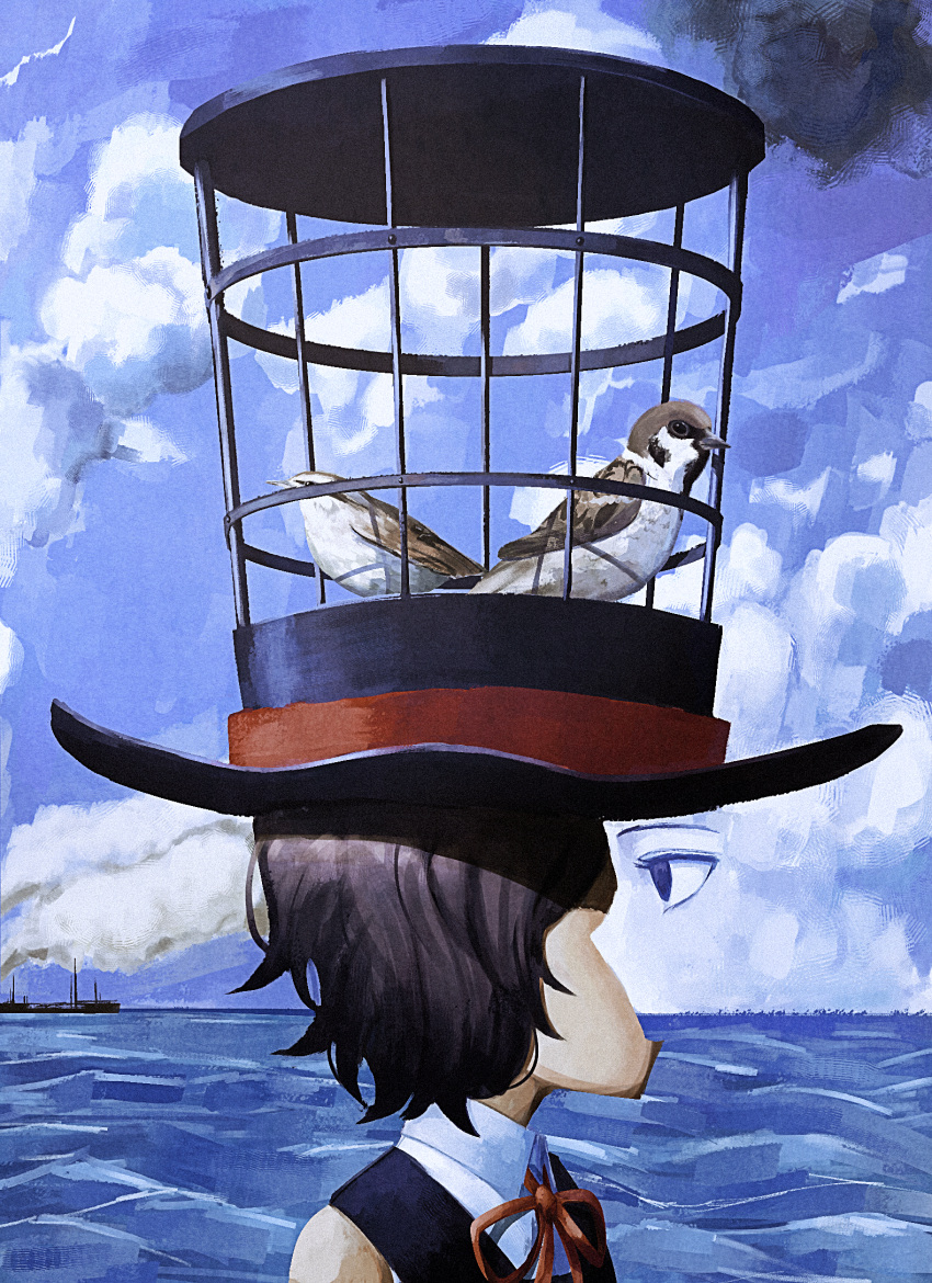 1other androgynous atoymk bird black_hair black_hat black_vest blue_sky collared_shirt enraku_tsubakura fine_art_parody highres len'en memories_from_hampton_(olbinski) neck_ribbon ocean other_focus parody red_ribbon ribbon shirt short_hair sky sleeveless sleeveless_shirt solo sparrow surreal vest