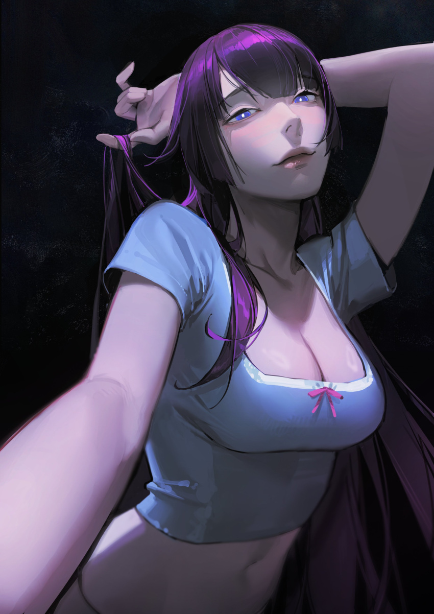 1girl absurdres arm_up bakemonogatari black_background blue_eyes blue_shirt bow breasts bright_pupils cleavage collarbone commentary crop_top eyelashes foreshortening highres large_breasts limart lips long_hair looking_at_viewer midriff monogatari_(series) navel outstretched_arm pink_bow purple_hair romaji_commentary senjougahara_hitagi shirt short_sleeves sidelocks solo upper_body white_pupils