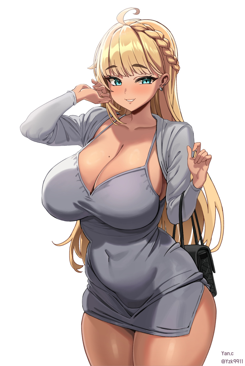 1girl absurdres ahoge aqua_eyes artist_name bag belly blonde_hair blush braid breasts cleavage collarbone commission covered_navel cowboy_shot curvy dress ear_piercing earrings eyelashes french_braid grey_dress handbag hands_up highres huge_breasts jewelry lips long_hair long_sleeves looking_at_viewer mole mole_on_breast original piercing plump short_dress simple_background single_braid smile solo standing swept_bangs tan teeth thighs tight_clothes tight_dress twitter_username white_background yan.c