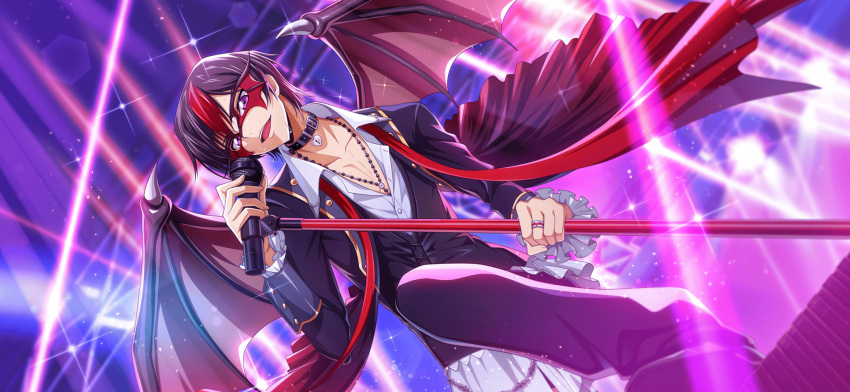 1boy artist_request black_coat black_hair black_jacket black_pants blurry blurry_background buttons coat code_geass code_geass:_lost_stories collar collarbone collared_shirt demon_boy demon_wings frilled_coat frilled_sleeves frills full_body game_cg hand_up happy head_tilt heart-shaped_lock highres holding holding_microphone holding_microphone_stand jacket jewelry leg_up lelouch_vi_britannia lens_flare light_particles light_rays long_sleeves looking_at_viewer male_focus mask masquerade_mask microphone microphone_stand multicolored_hair music necklace non-web_source official_art open_clothes open_mouth open_shirt pants purple_eyes red_hair red_wings ring shirt short_hair sidelocks singing smile solo sparkle spiked_wings standing sweat teeth two-tone_hair white_shirt wings