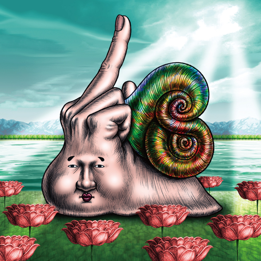 1other 88kasyo_junrei album_cover cover creature expressionless flower full_body grass highres lips looking_at_viewer middle_finger outdoors river sky snail sunlight surreal taniguchi_takashi water