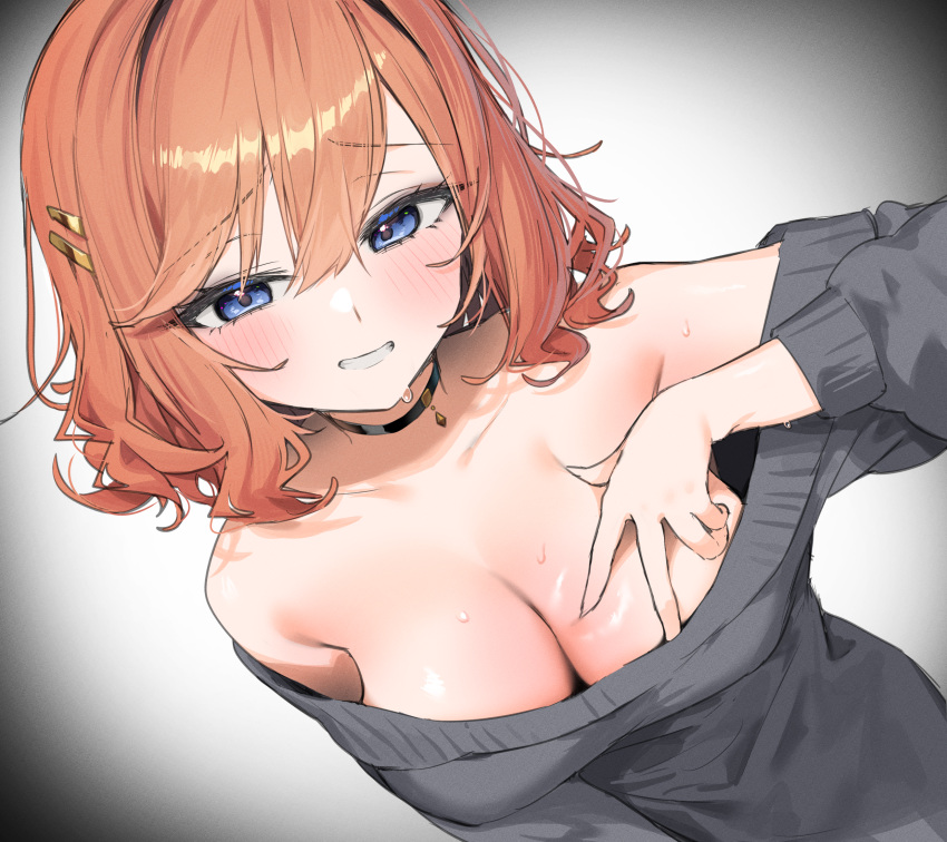 1girl bare_shoulders black_choker blue_eyes blush breasts brown_hair choker cleavage collarbone commentary_request gradient_background grey_sweater hand_on_own_chest hand_up highres itohana large_breasts long_sleeves looking_at_viewer off-shoulder_sweater off_shoulder original puffy_long_sleeves puffy_sleeves shiny_skin short_hair simple_background smile solo sweat sweater upper_body white_background