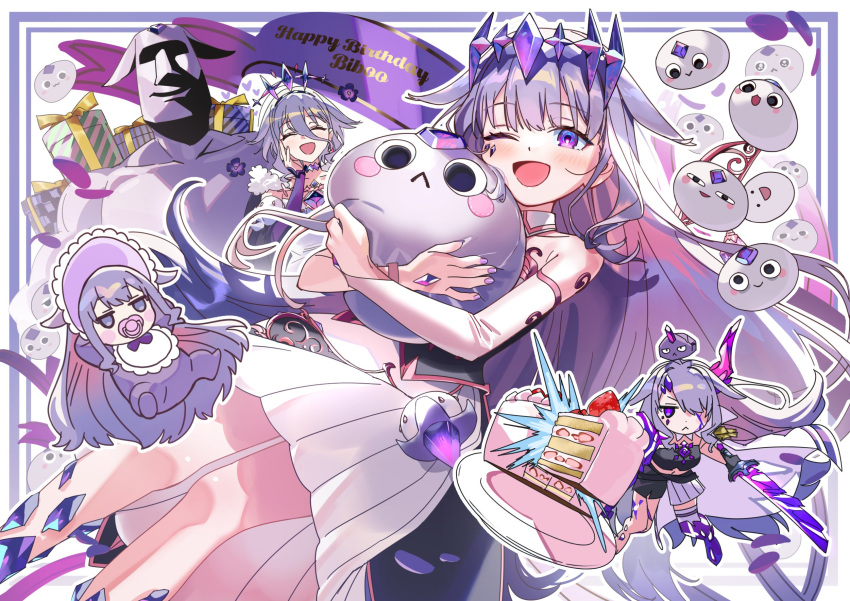 alternate_costume alternate_hairstyle blush chest_jewel circlet colored_inner_hair dress gem grey_hair hair_ornament happy_birthday highres hololive hololive_english jewel_under_eye koseki_bijou long_hair looking_at_viewer material_growth multicolored_hair multiple_views open_mouth pebble_(koseki_bijou) pink_hair purple_eyes purple_hair smile very_long_hair virtual_youtuber white_dress yomosaka