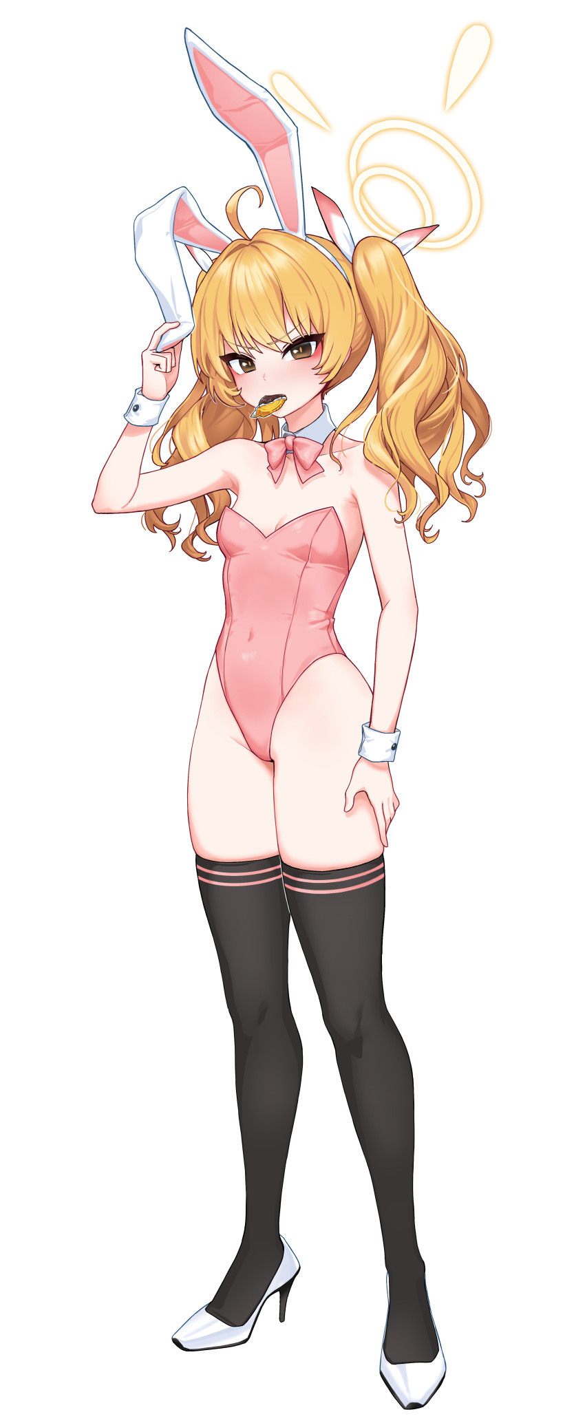 1girl absurdres ahoge alternate_costume animal_ears bare_shoulders blonde_hair blue_archive blush bow bowtie breasts brown_eyes cain_(gunnermul) candy chocolate_coin closed_mouth covered_navel detached_collar fake_animal_ears food full_body hair_ribbon hairband halo high_heels highleg highleg_leotard highres leotard long_hair looking_at_viewer mouth_hold playboy_bunny rabbit_ears ribbon simple_background small_breasts solo standing strapless strapless_leotard tail thighhighs transparent_background twintails wrist_cuffs yoshimi_(blue_archive)