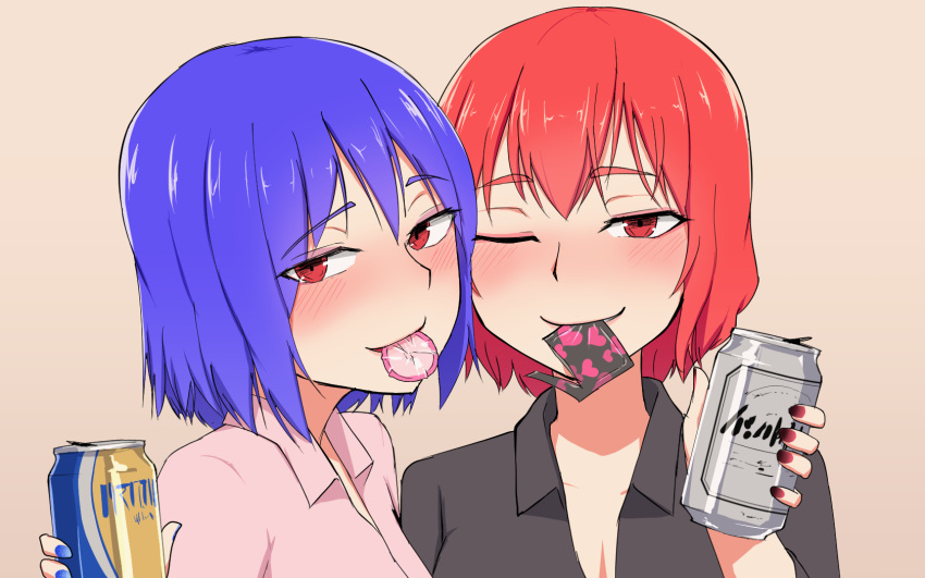 2girls ;) blue_hair blue_nails can come_hither commentary_request condom condom_in_mouth highres holding holding_can horikawa_raiko looking_at_viewer mouth_hold multiple_girls nagae_iku one_eye_closed red_eyes red_hair red_nails short_hair smile touhou upper_body zakku_(kya--193)