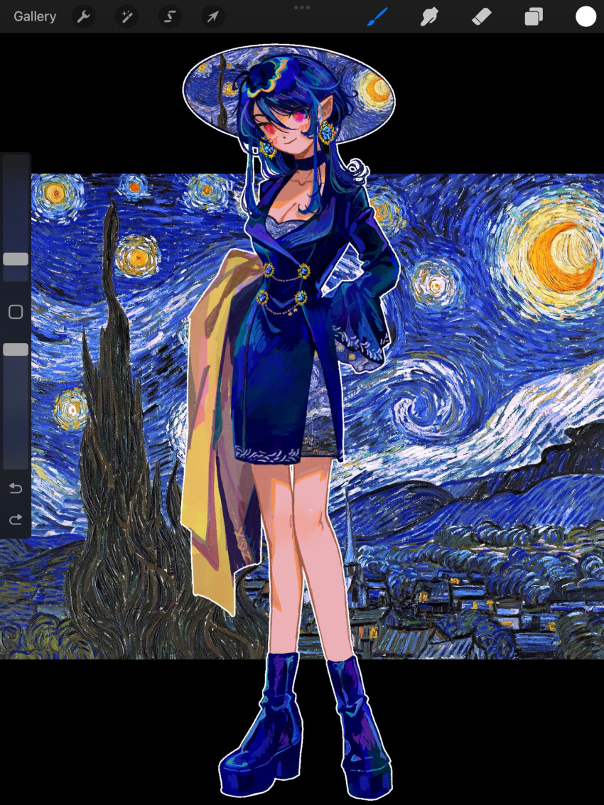 1girl alternate_costume earrings gem high_heels highres iizunamaru_megumu jewelry k0nfette solo starry_night_(van_gogh) touhou user_interface wide_brim