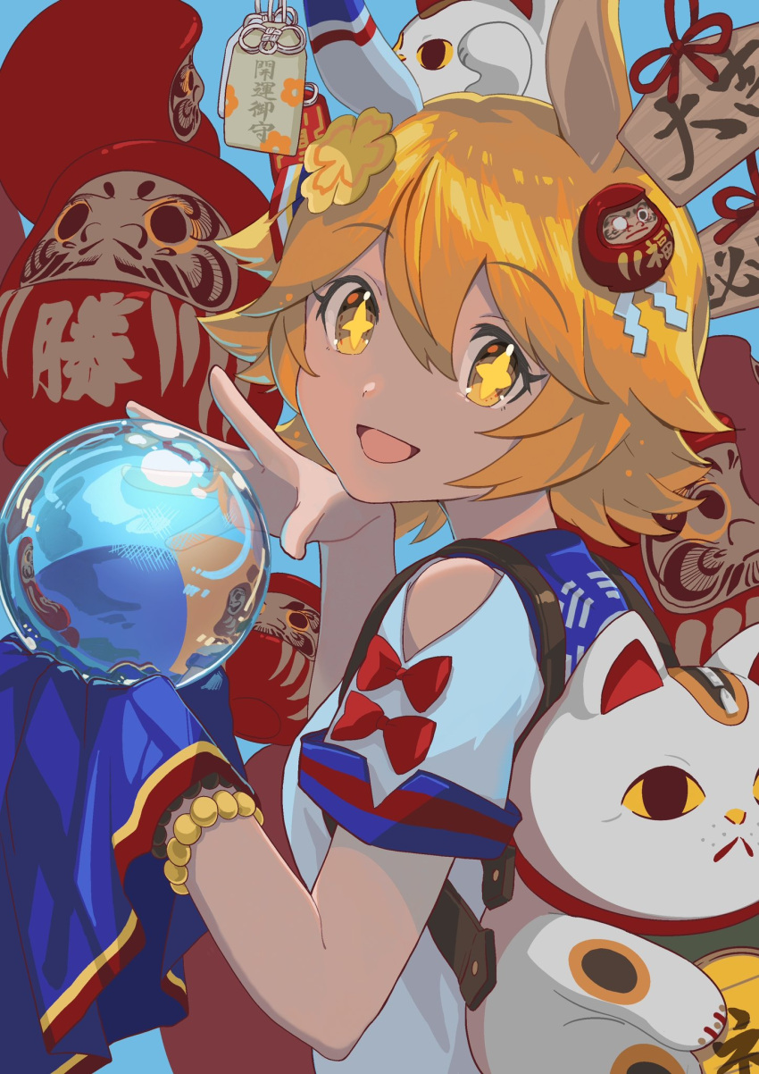 +_+ 1girl animal_ears backpack bag bead_bracelet beads blue_background bracelet breasts charm_(object) clothing_cutout clover_hair_ornament crystal_ball daruma_doll ema hair_between_eyes hair_ornament hands_up highres horse_ears jewelry looking_at_viewer looking_to_the_side maneki-neko matikanefukukitaru_(umamusume) moko39_takasora open_mouth orange_hair shirt short_hair short_sleeves shoulder_cutout small_breasts smile solo umamusume upper_body white_shirt yellow_eyes